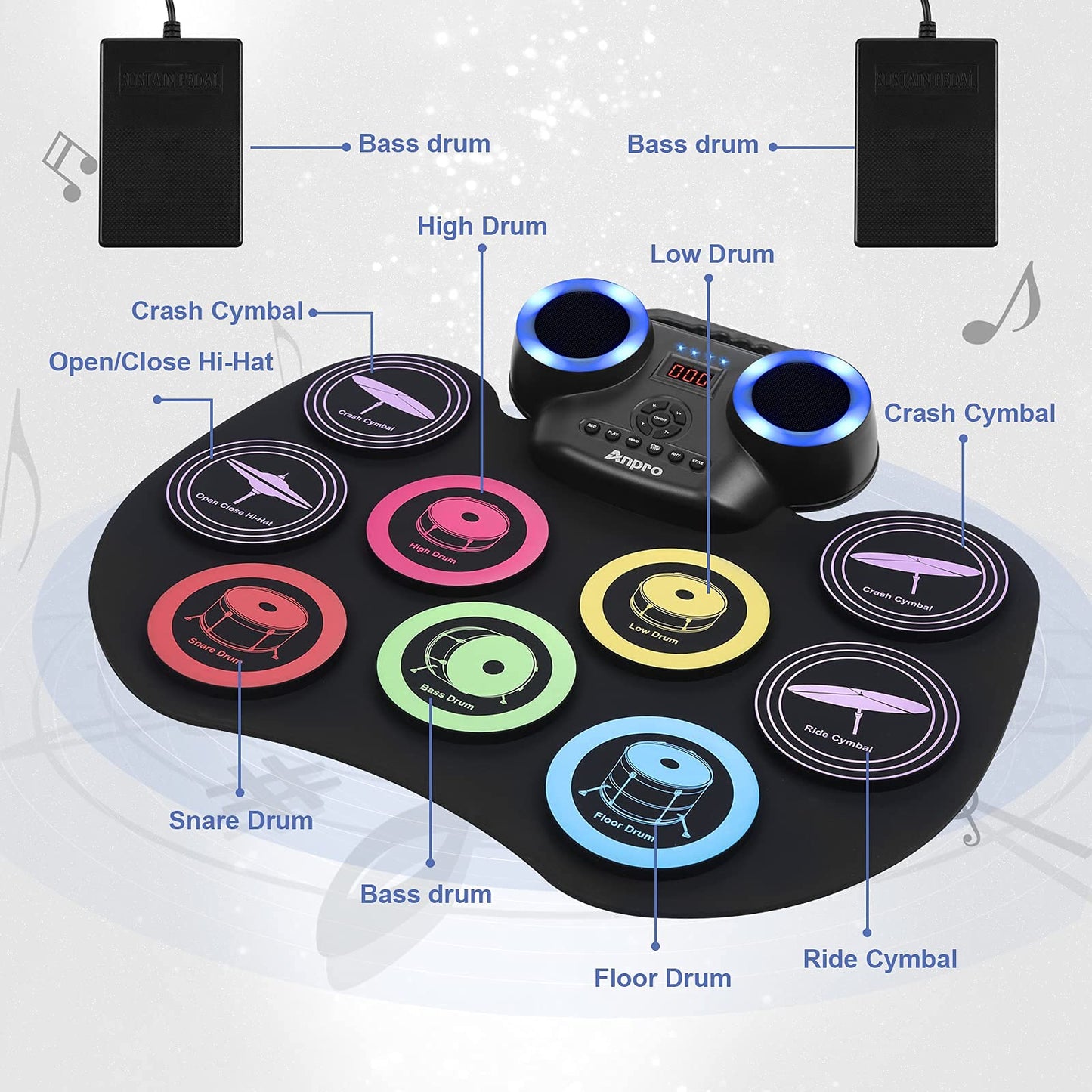Anpro Nine-Sided Electronic Color Drum Kit, 8PCS Drum Practice Set, portable electric drum, built-in audio with headphone jack, LED color screen, Best Birthday Gift