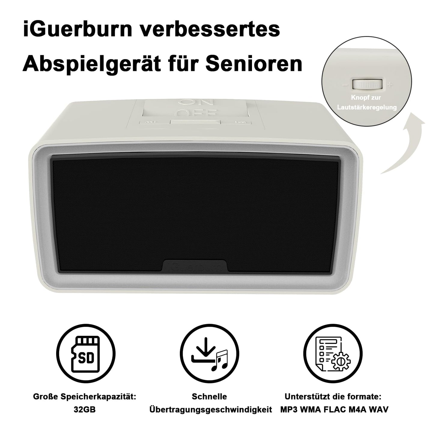 (New) iGuerburn 32GB mp3 player for seniors, simple music player for older people with dementia, easy-to-use music box dementia Alzheimer products gifts - white-gray