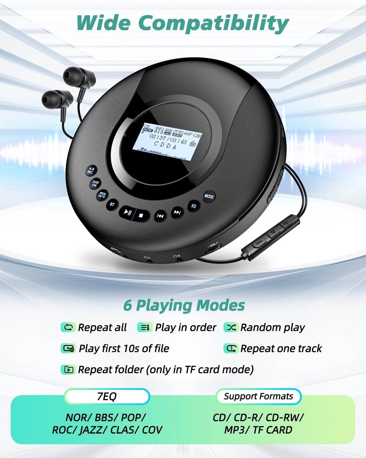 Arafuna Portable CD Player with DAB+/FM Radio, CD Player Bluetooth with Audiobook function, Discman for car, Anti-shock, built-in 2000mAH battery.