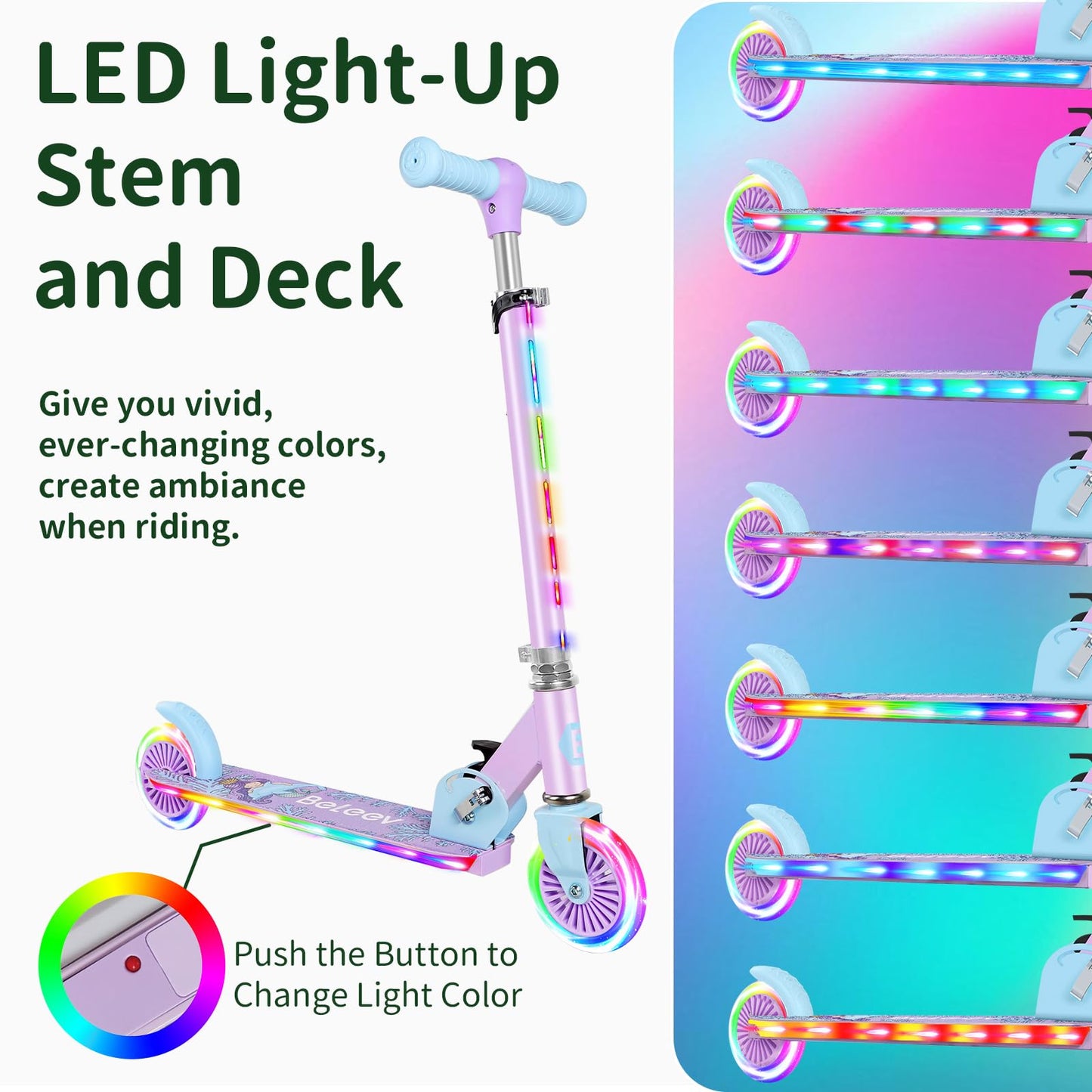 BELEEV V2 Kids Scooter, 6 years old, upgraded with LED light-up wheels, handlebar and deck, adjustable height, rear brake, foldable for kids 4 years old girls boys, for 3-12 years old.