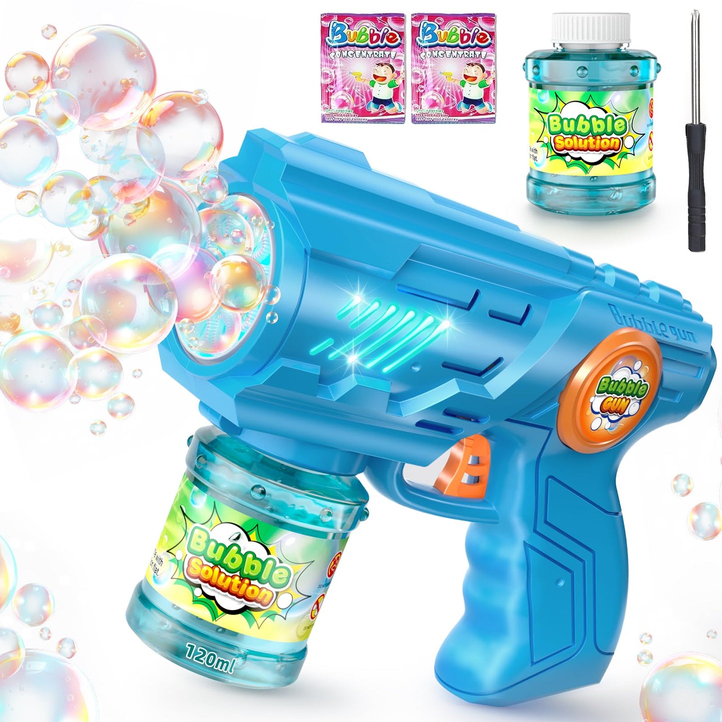 ROMINVIC Bubble Machine, Kids Bubble Gun Machine: LED Electric Bubble Blower With 100 ML Tank Blue Automatic Bubble Maker For Kids Shooter Party Toy