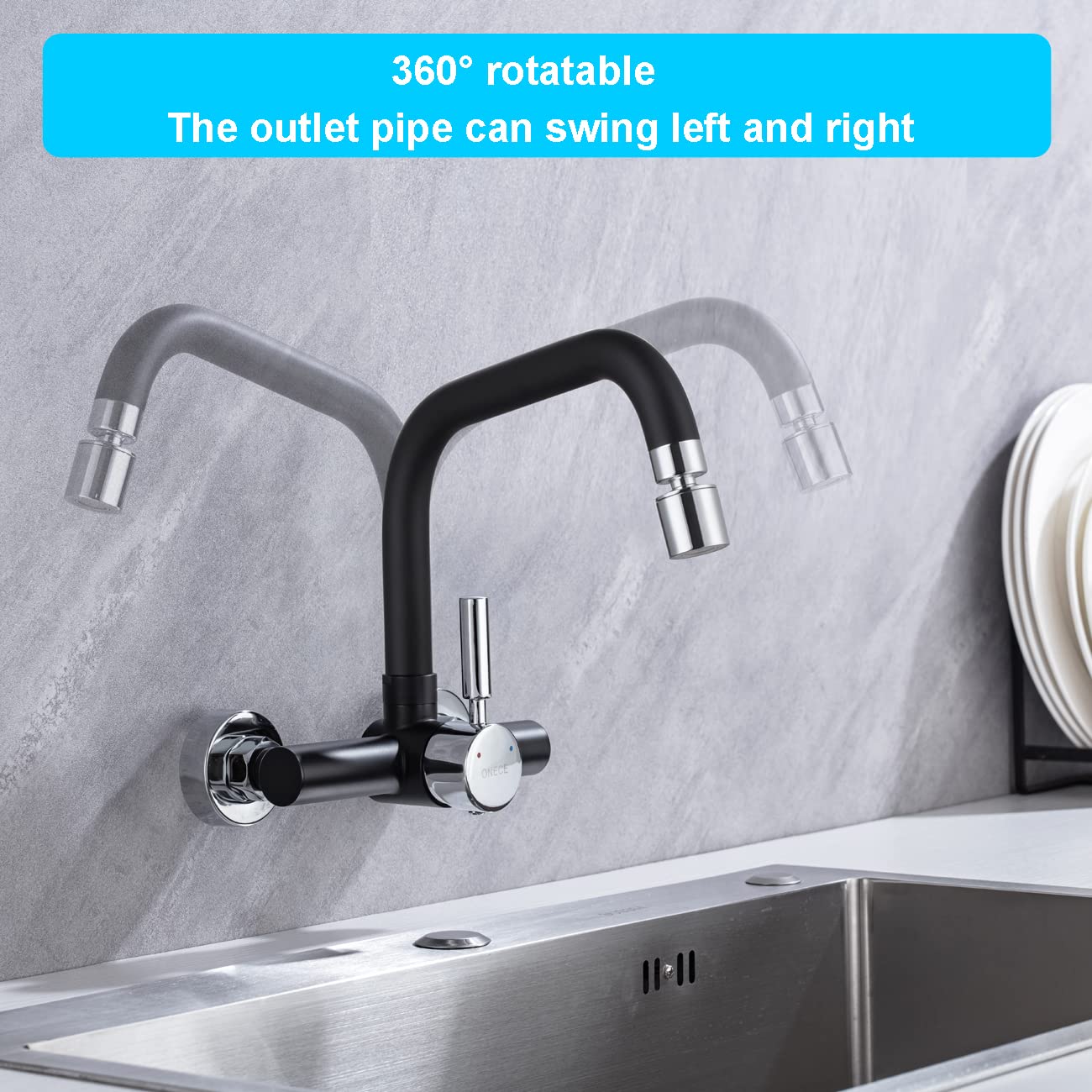 ONCE Wall Mounted Kitchen Faucet with 2 spray modes, Kitchen Faucet Wall Mounted with 360° swivel spout, Mixer Tap Wall Faucet with Modern Design, Black.