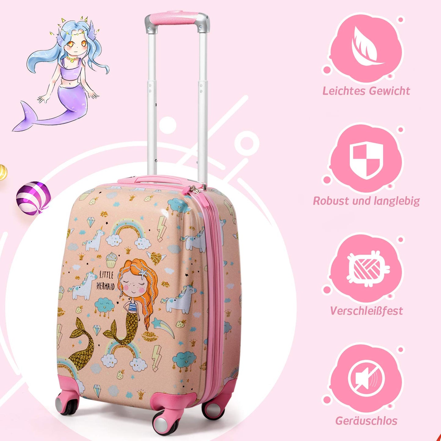 COSTWAY 2pc Kids Luggage Set, Plastic Kids Trolley + Backpack, Children's Suitcase, Kids Travel Luggage, Hard Shell Suitcase for Boys and Girls (Mermaids, 12"+18")