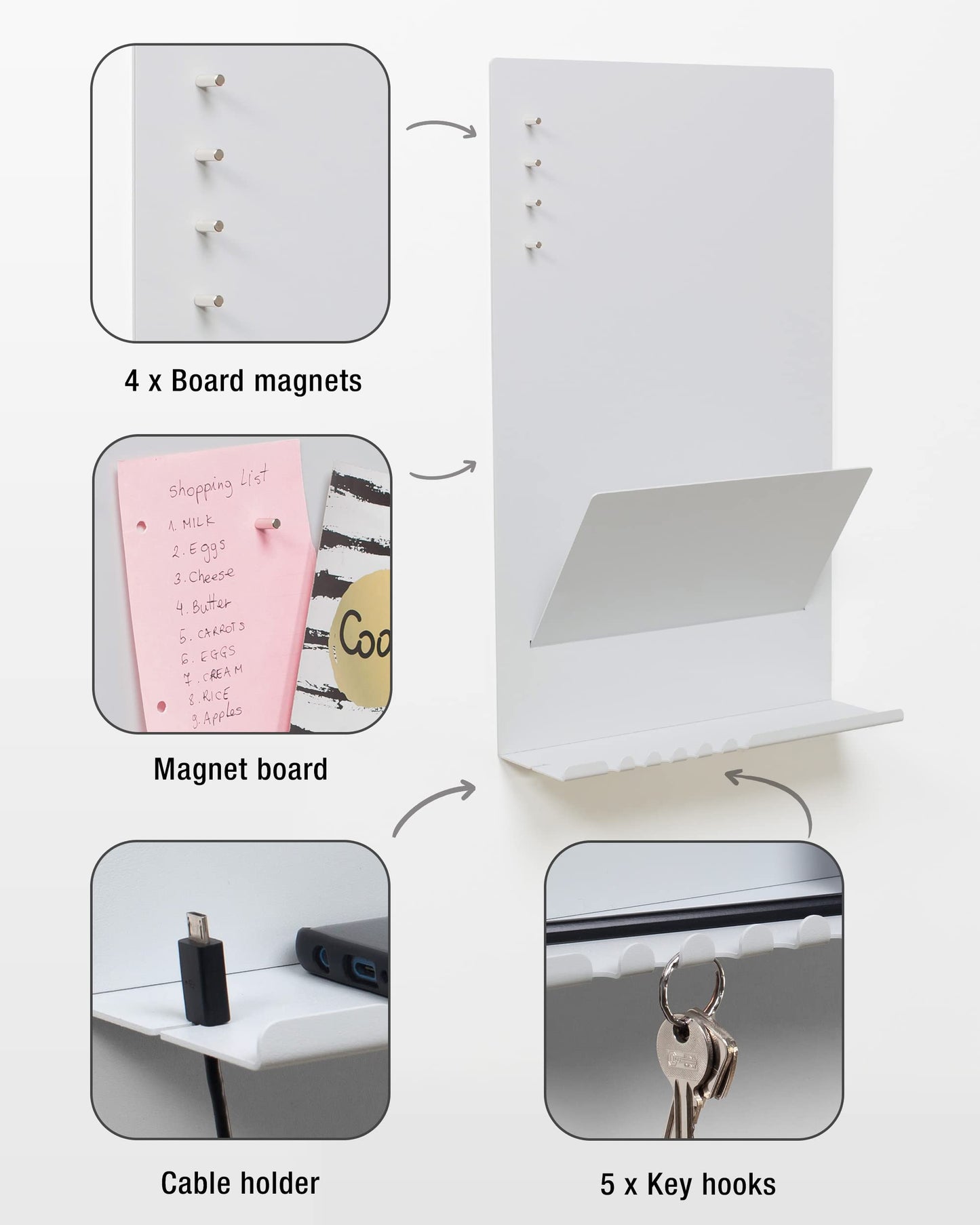 Offering wall organizer shelf made of steel structure. 30 x 9 x 49 cm 3-in-1 wall shelf with magnetic board and magnets. Board for keys, newspapers, and notes. Gray color.