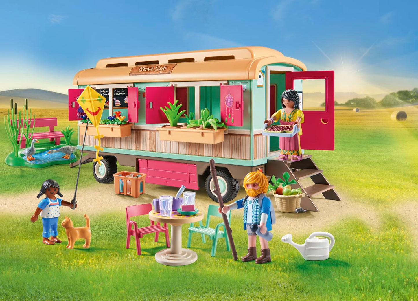 PLAYMOBIL Country 71441 Cozy Trailer Café, playful learning with lovingly designed trailer, detailed amenities, and a pond with geese, sustainable toy for children aged 4 and up.