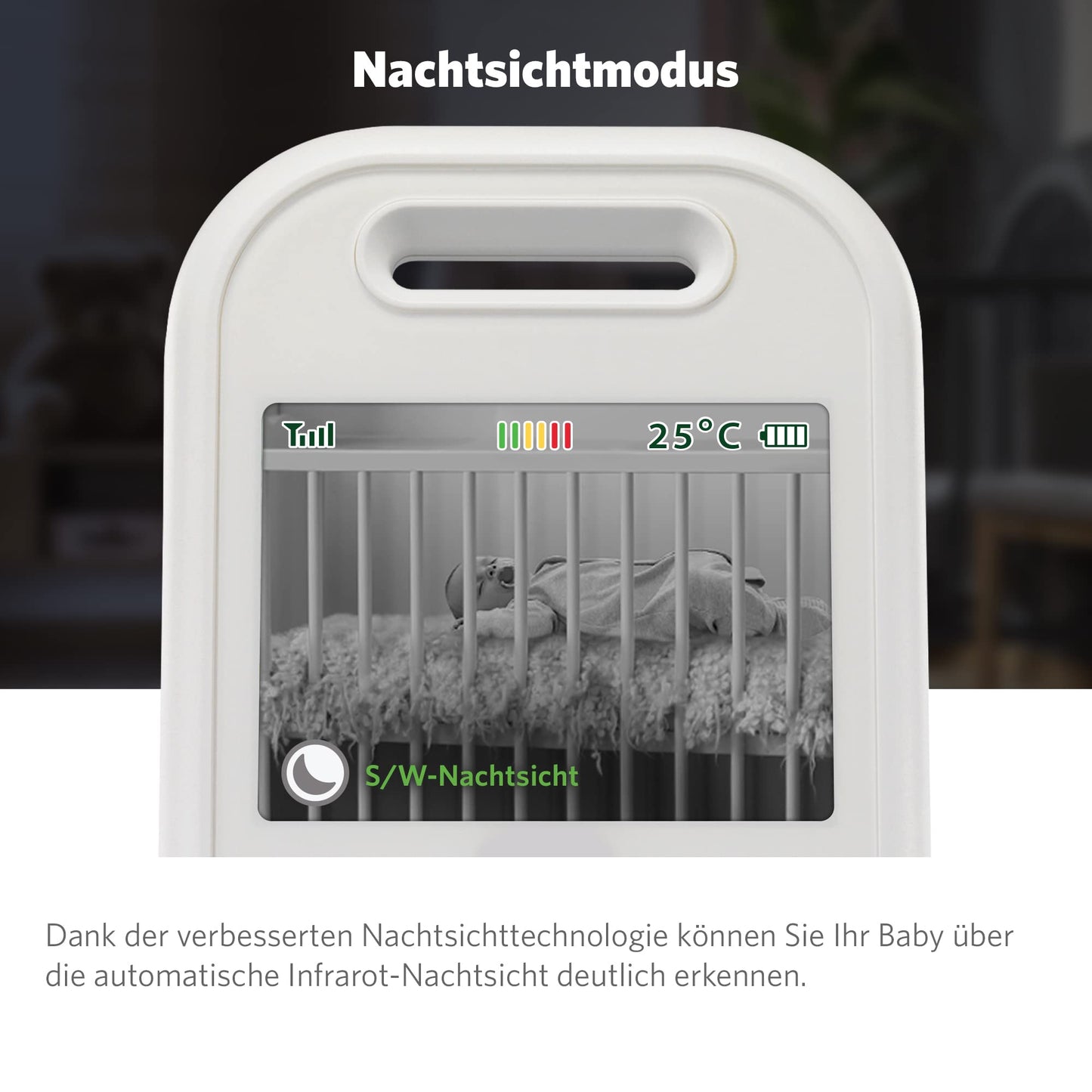 LeapFrog LF2423 Baby Monitor has long range, 2.8" video LCD display, 2x zoom, temperature sensor, noise activation, intercom, long battery life, and 720p resolution.