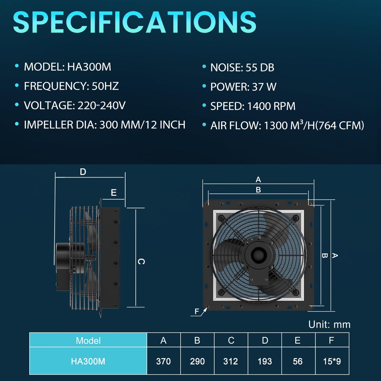 HG Power 300mm exhaust fan with speed controller. Industrial wall fan 1300m³/h. Adjustable wall fan with mesh screen. Aluminum window fan with EU plug for basement, garage, kitchen. Louvered.