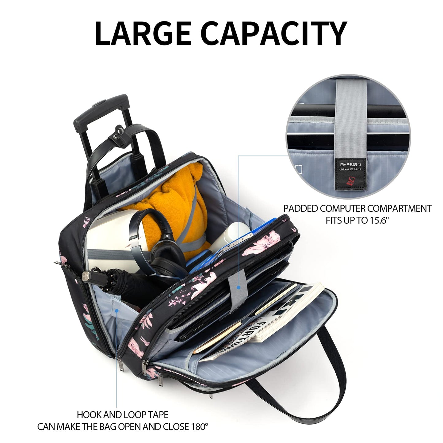 EMPSIGN Laptop Trolley Business Rolling Laptop Case with Wheels Up to 15.6 Inch Laptop Waterproof Briefcase for Travel/School/Men/Women