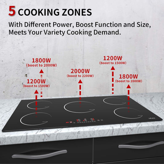 Induction hob 5 zones, IsEasy 90cm Frameless Induction hob, Induction hob with 5 cooking zones, 8600W, Booster function, Digital control, 9 heat levels, Glass ceramic.