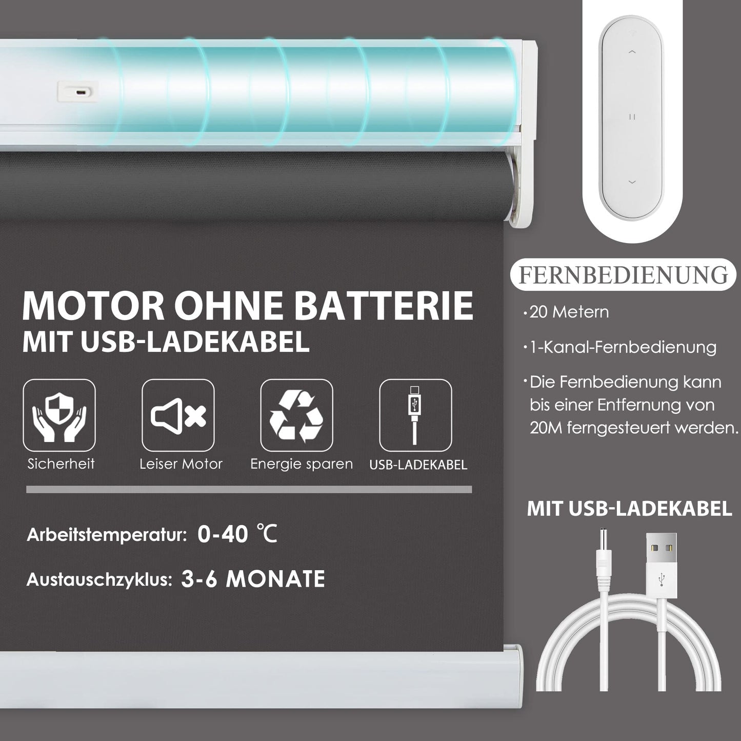 HOMEDEMO Electric Blinds Rechargeable Blackout Roller with Motor & Remote Control, Dark Grey 45x110cm (WxH), Roller Inside without drilling clamp fix/with drilling, Smart Roller compatible with Alexa.