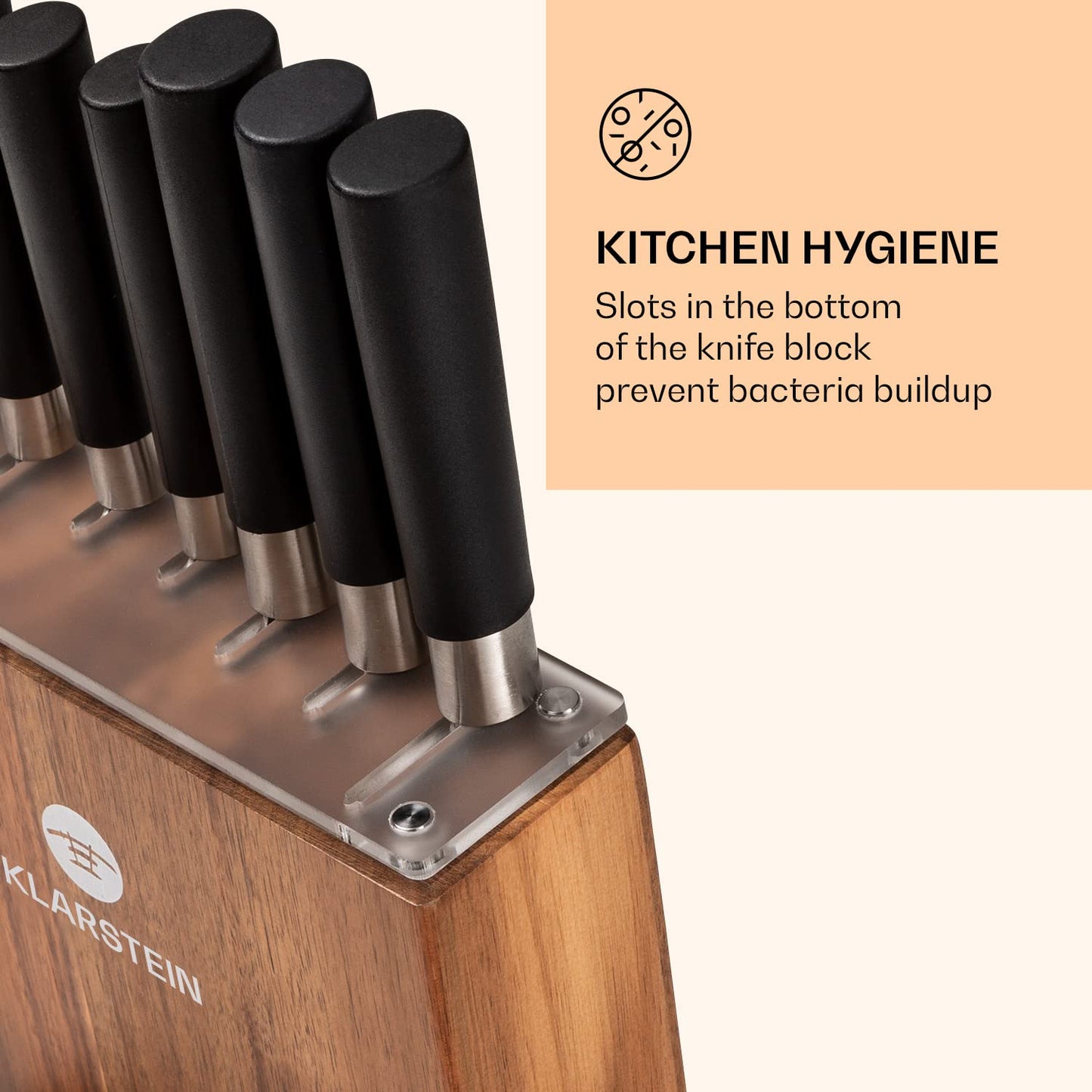 Klarstein knife block with 7-piece set, 7 kitchen knives & wooden block, sharp steel, scratch-resistant, Japanese-inspired knife set with block for professional chefs.