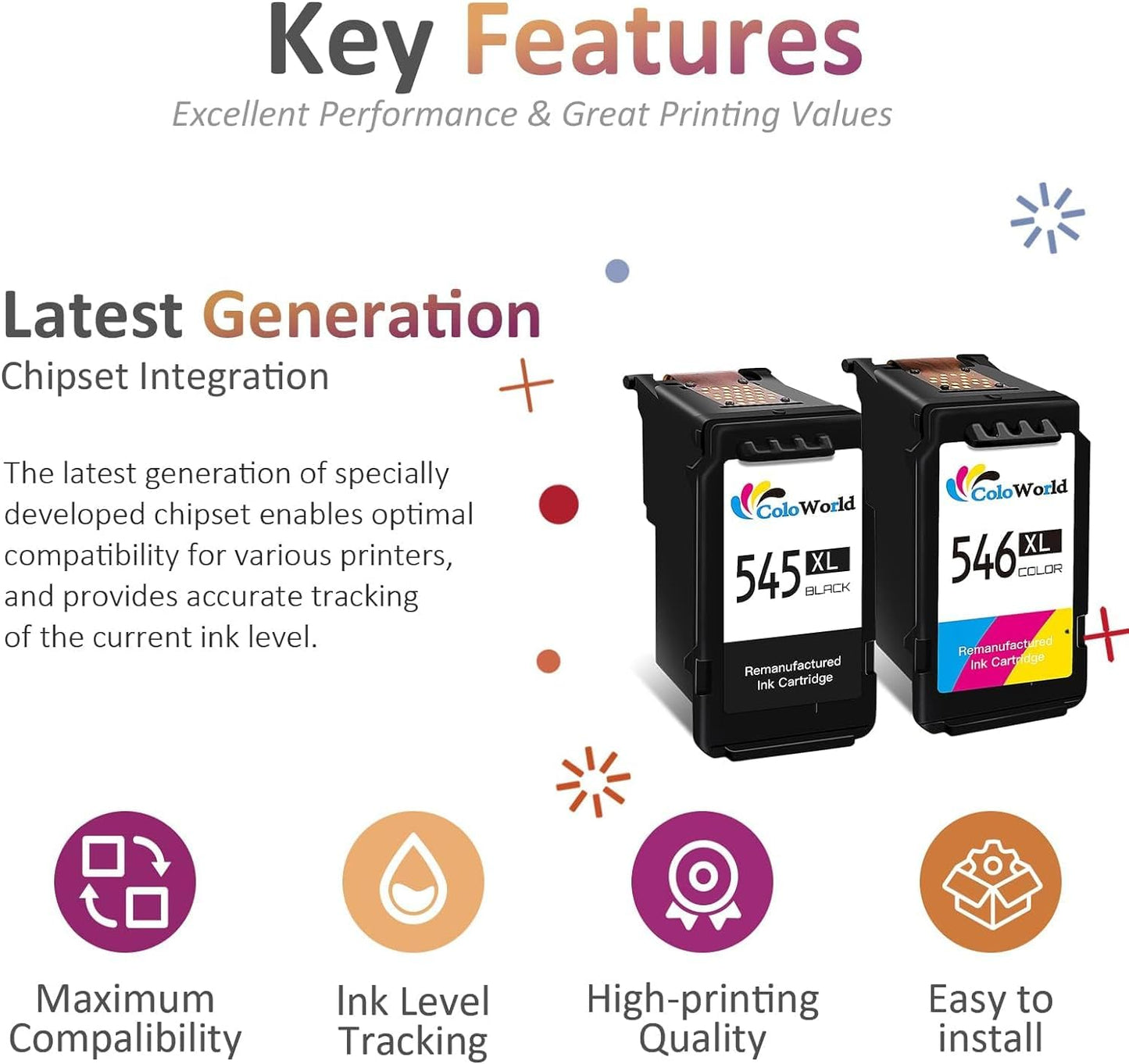 ColoWorld PG-545XL CL-546XL Black Color Printer Cartridges, Multipack for Canon Printer Cartridges 545 546 for Canon Pixma TS3351 TS3451 MX495 TR4551 TR4550 TS3450 TS3350 MG2550s TS3150 MG3050 Printer