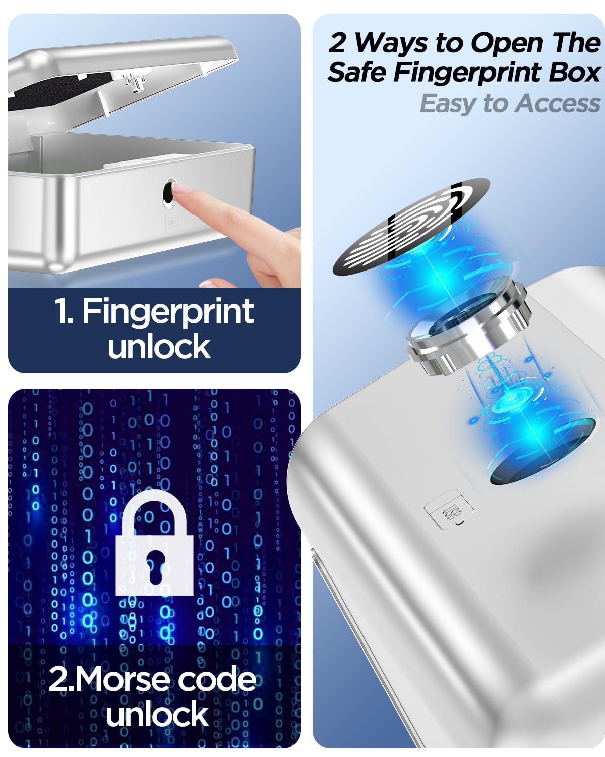 AICase safe with biometric fingerprint recognition for on-the-go and at home, Portable security box with fingerprint and morse code; Cash box, Safe Deposit Box; Silver