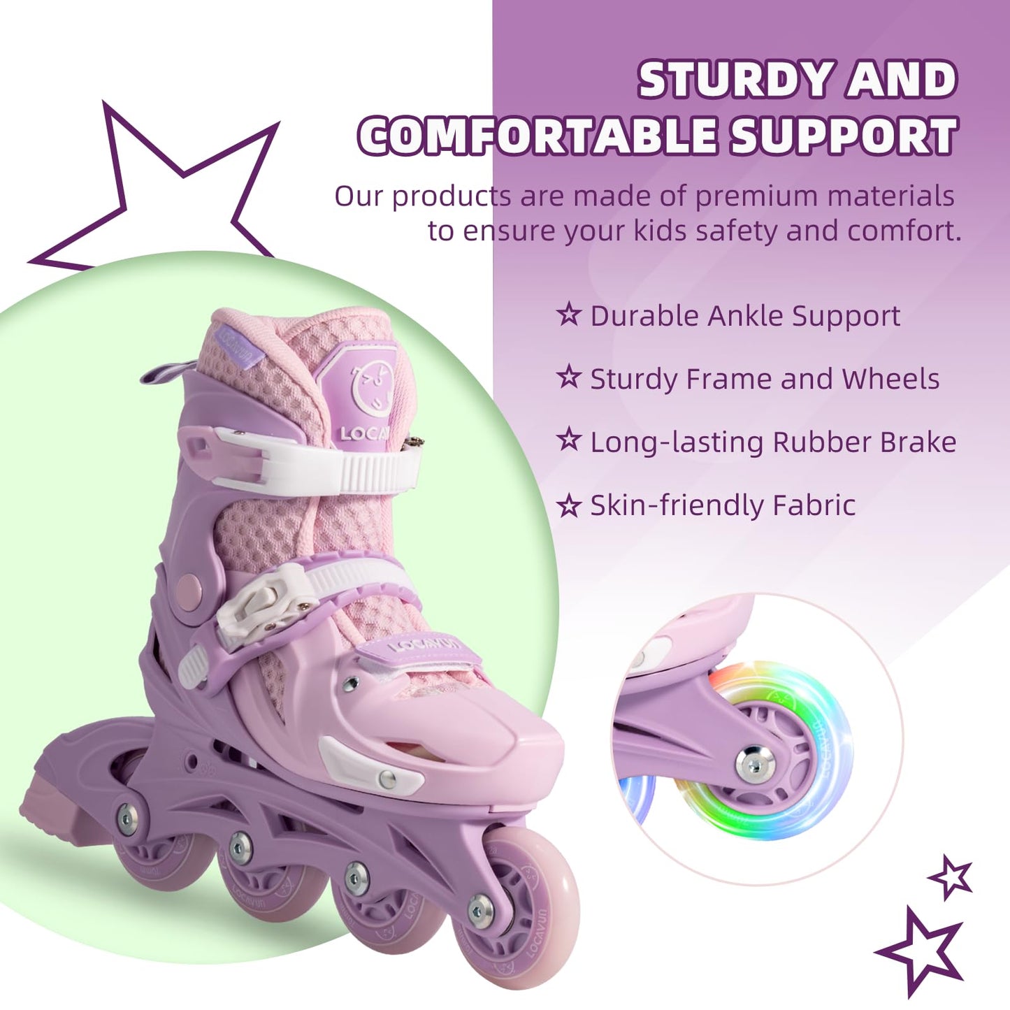 Locavun Kids Inline Skates 4 Sizes Adjustable Inline Skates for Girls Size 26-29 29-34 30-35 Inline skates with 82A PU wheels Rollerskates.