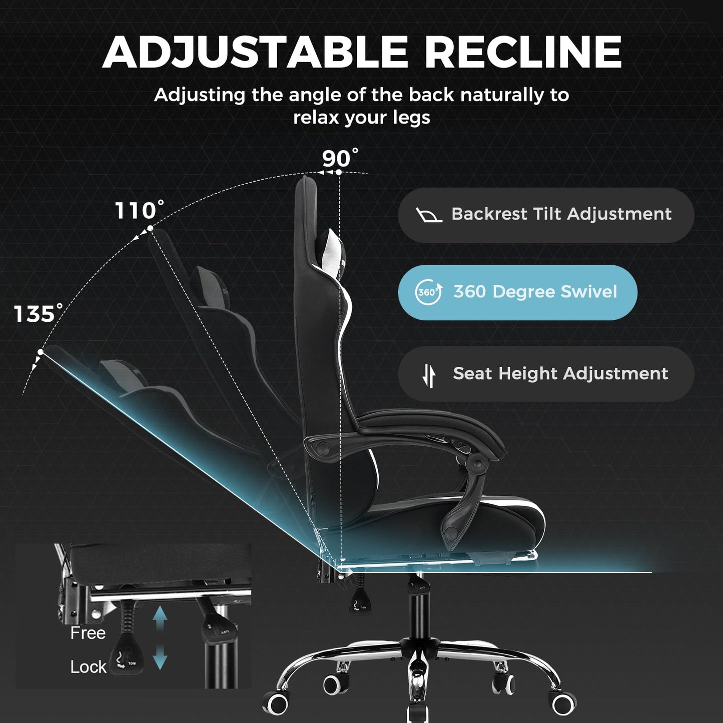 GTPLAYER fabric gaming chair, office chair with massage gaming armchair ergonomic gamer chair with footrest, headrest massage lumbar cushion, padded gaming chair, swivel chair, white