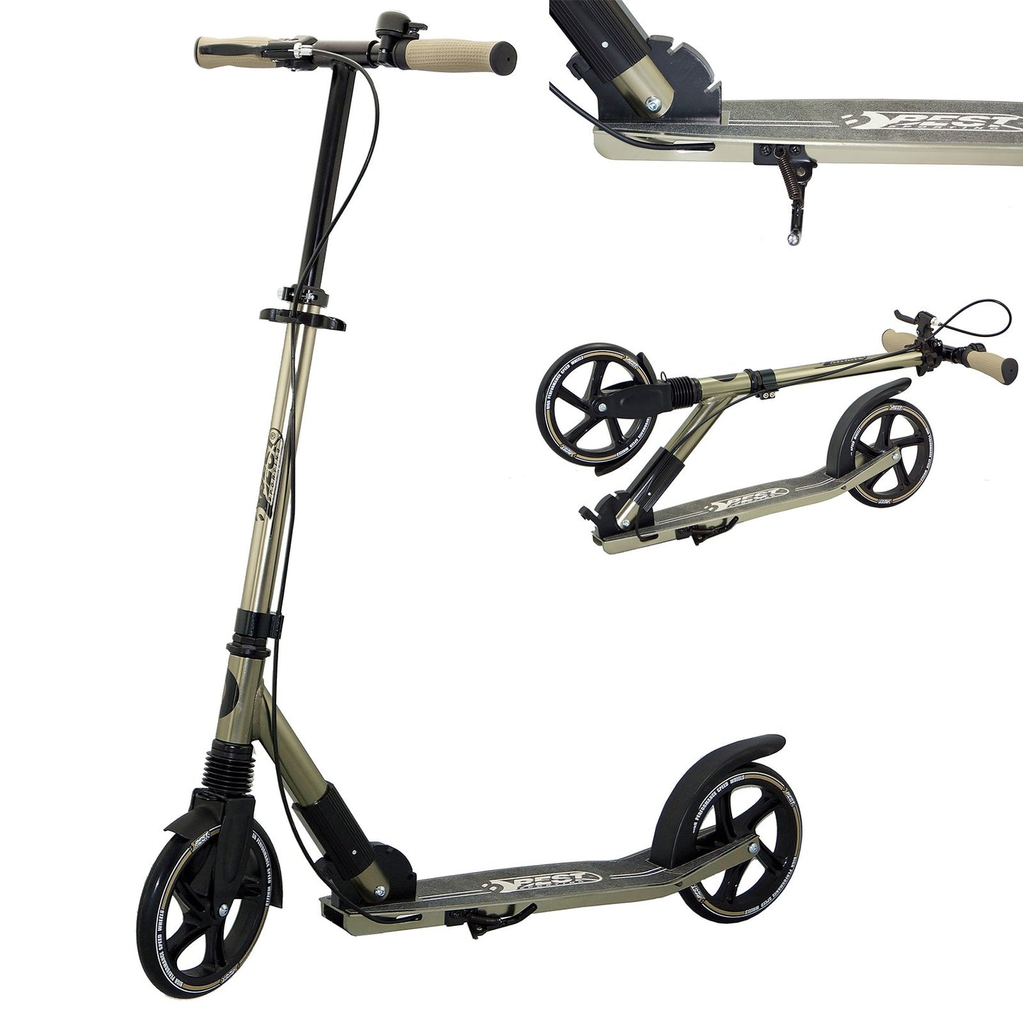 BEST SPORTING High End Adult Scooter, foldable with stand, hand brake, bell, and carrying strap. City scooter for adults with wheel size of 205 mm.