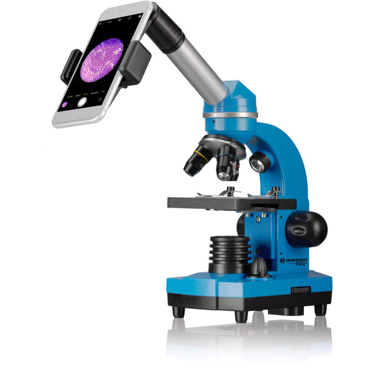 Bresser Junior student microscope BIOLUX SEL with smartphone holder, extensive accessories, and Barlow zoom system for children, beginners, and adults, blue.
