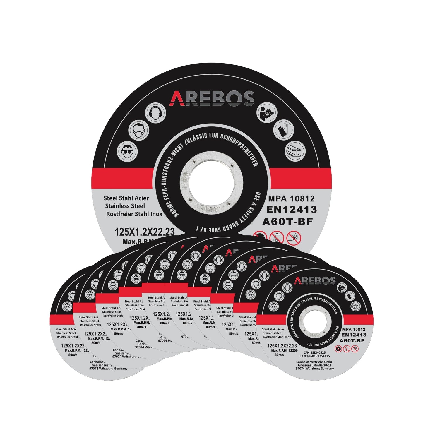 Arebos cutting discs Ø 125 mm, 400 pieces | suitable for steel, stainless steel, inox, iron, sheet metal, metal | Forward and reverse rotation | EN 12413 | certified by the Material Testing Institute (MPA)