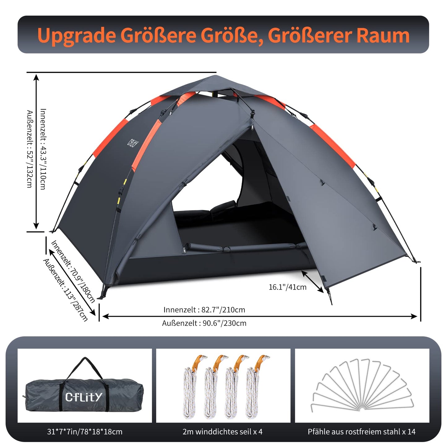 Cflity Camping Tent, 3 Person Instant Pop Up Waterproof Three Layer Automatic Dome Tent, Large 4 Season Tent with Rain-Fly 2 Expandable Porch