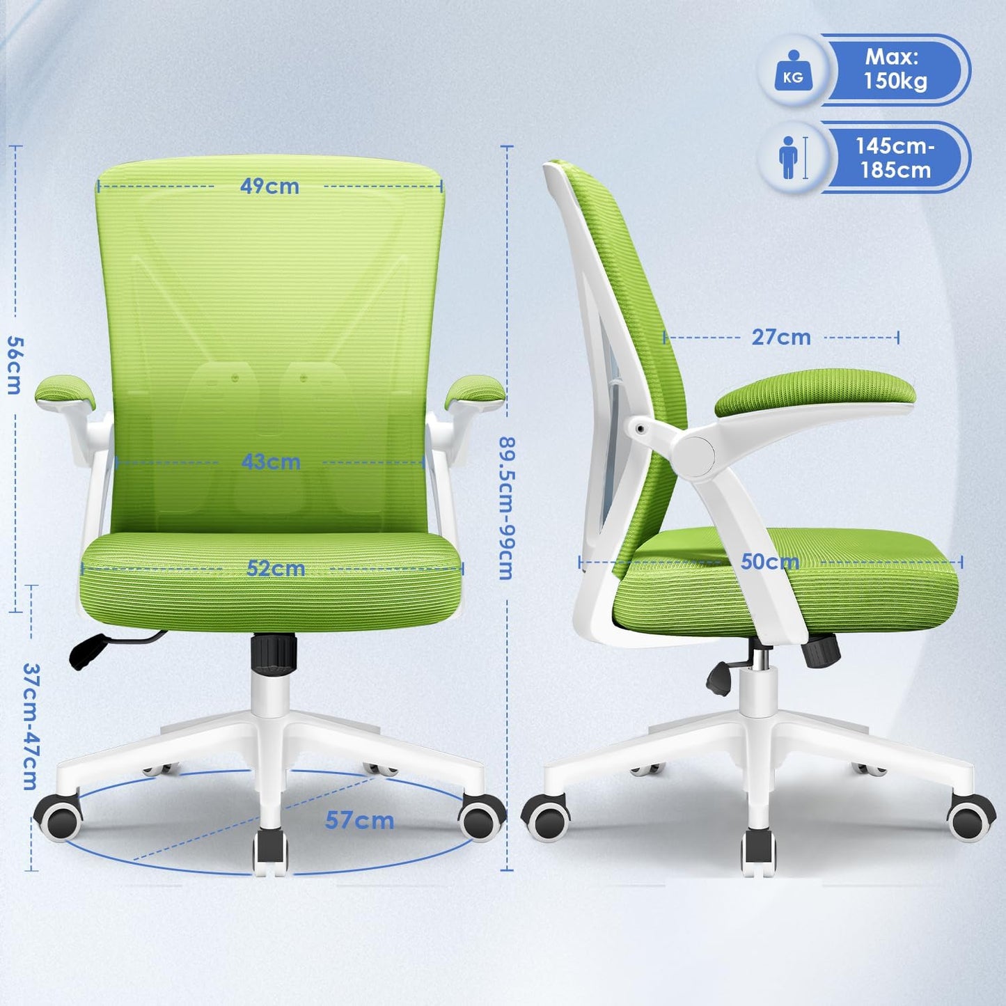 Hinonde office chair, Ergonomic office chair, Height adjustable office chairs, Swivel chair with lumbar support, Desk chair with foldable armrests, Mesh chair with rocking function, Green office chair.