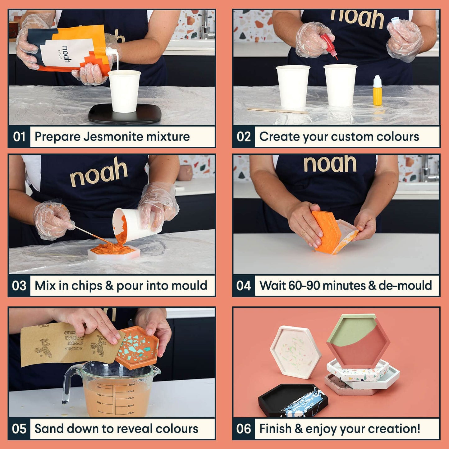 Noah Jesmonite & Terrazzo Starter Kit - Includes silicone molds, colors, gloves, sandpaper, cups, and stirrers - Gift idea (coasters/base colors)