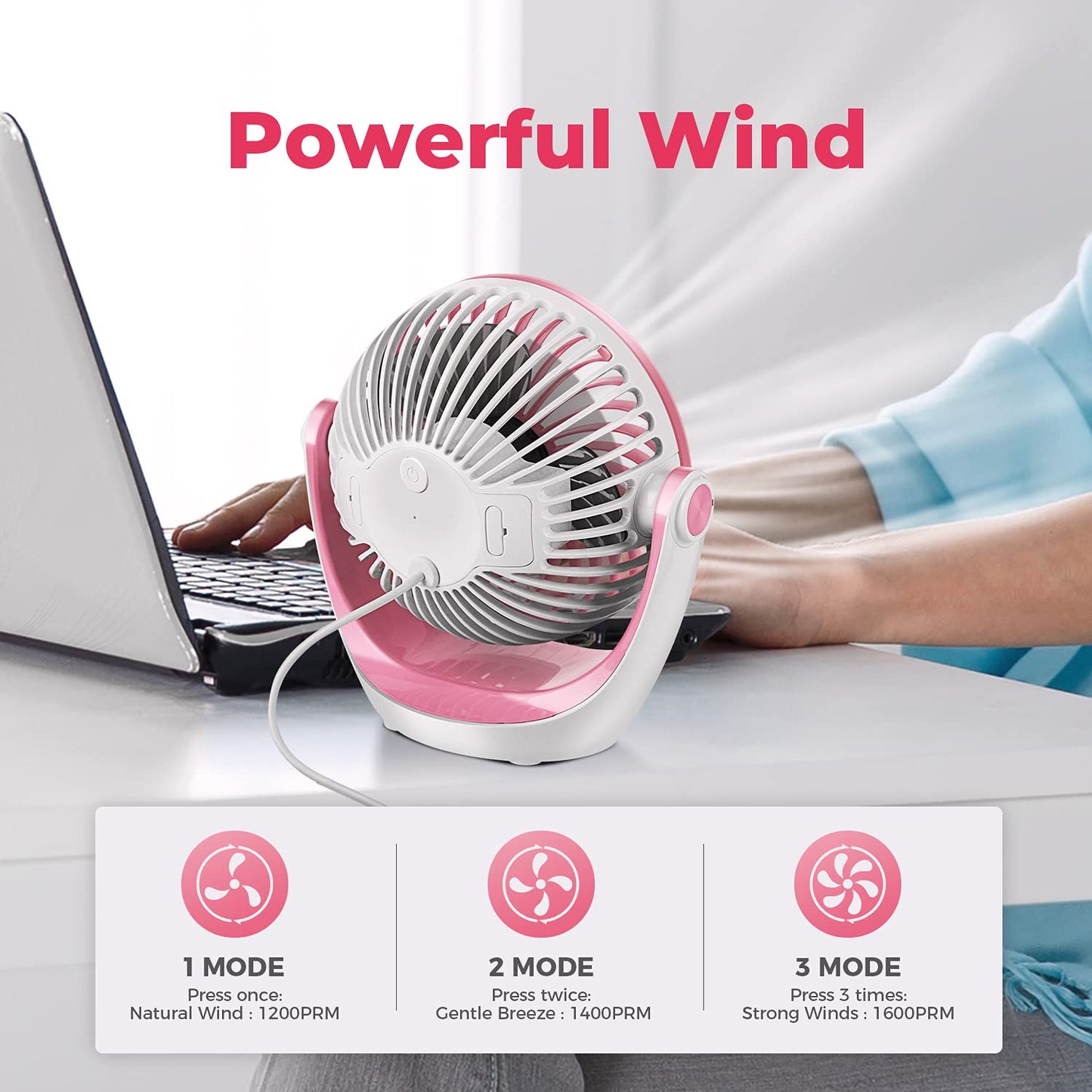 OCOOPA USB Fan, small desk fan with strong airflow and quiet operation 3 speeds, 360° rotatable head, easy to carry for office, home, and outdoor.