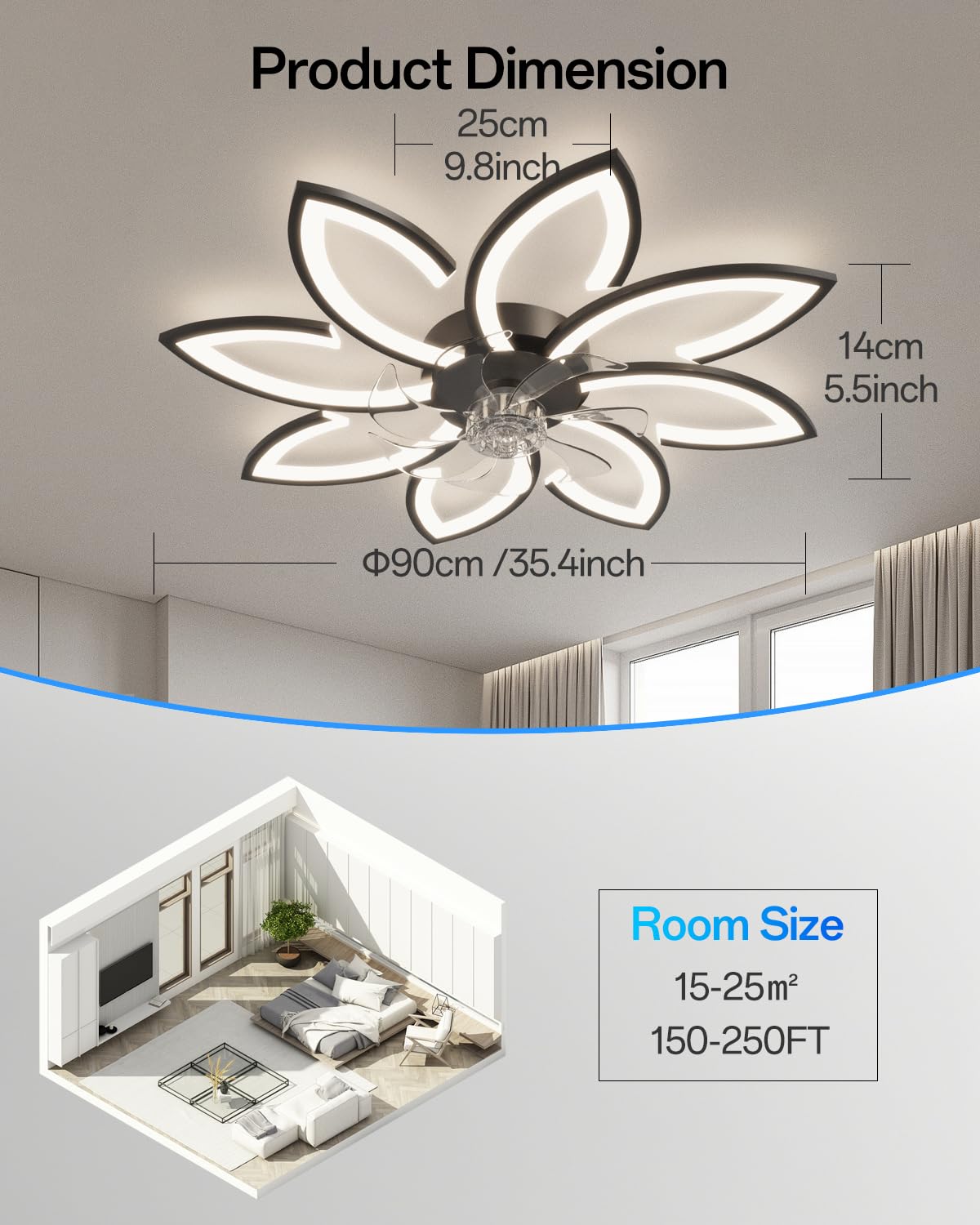 YUNLONG 90cm Ceiling Fan with Light, Very Quiet Living Room Dimmable LED Lamp with Fan, Modern DC Motor Fan with Light, Summer/Winter Function for Bedroom Kitchen, Black