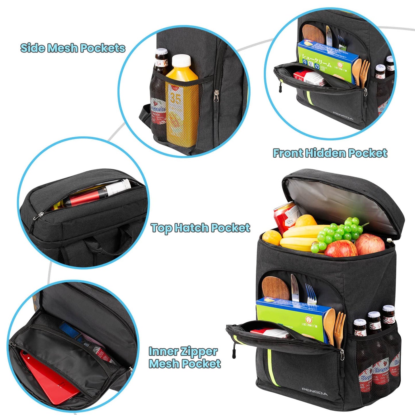 PENGDA Cooler Backpack Large - 30L Cooler Backpack Insulated Picnic Bag Waterproof Ultralight Picnic Backpack Men Women Cooler Bag for Camping, BBQ, Hiking, Picnic (Black)