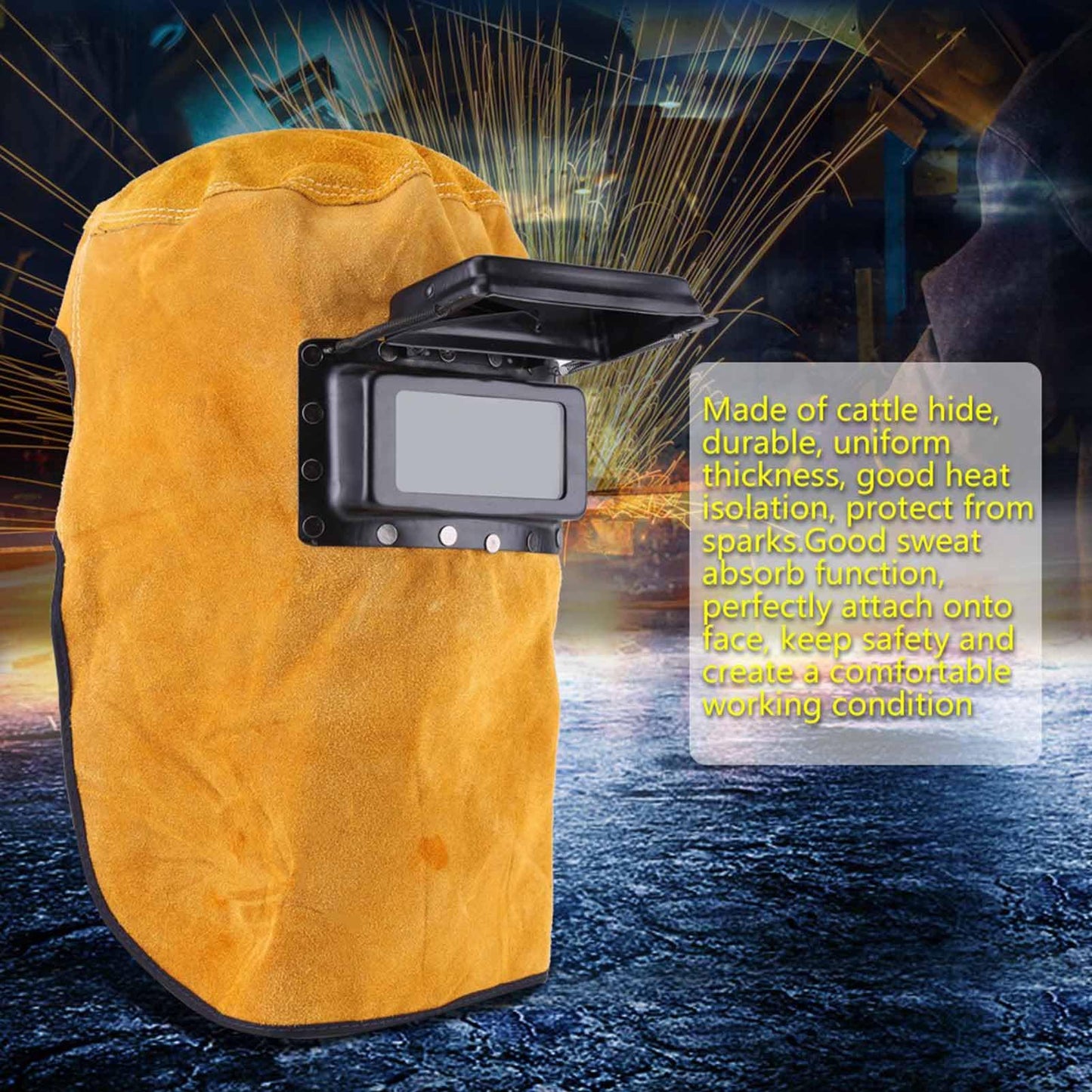 Leather welding helmet, breathable protective mask, welding helmet with safety glass.