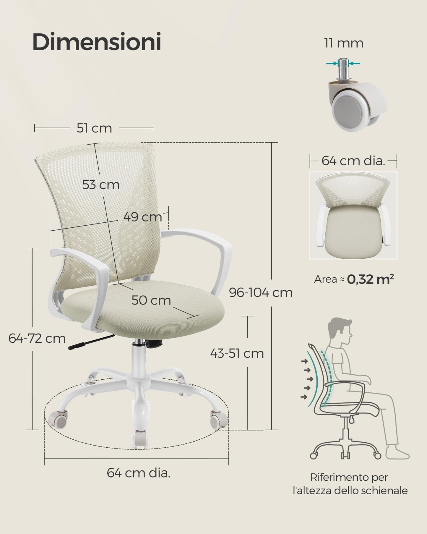 SONGMICS office chair with mesh backrest, adjustable height, swivel function, breathable fabric, suitable for office and home office, supports up to 120 kg, in cappuccino beige color OBN022K01