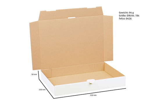 100 white large letter boxes 350 x 250 x 50 mm for DIN A4+ and B4 size. Suitable for shipping as large letter, goods or books.