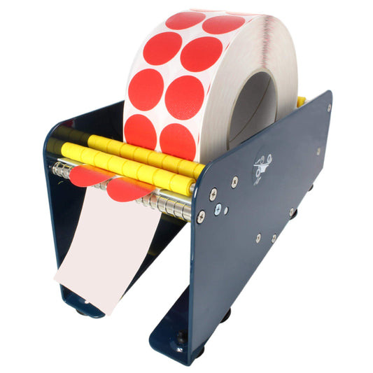 Label dispenser | Manual dispenser for adhesive dots & labels | Selectable usable width | With suction cups | Made of sturdy metal | Tabletop device / 75 mm usable width, without roll separator