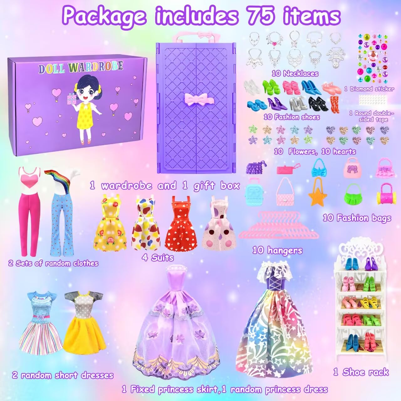 75 pieces of clothing for dolls wardrobe Clothes Jewelry Accessories for 11.5 inch doll Girl doll Dresses with wedding gown Tops Pants Shoes Hangers Bags Gift Toy for girls
