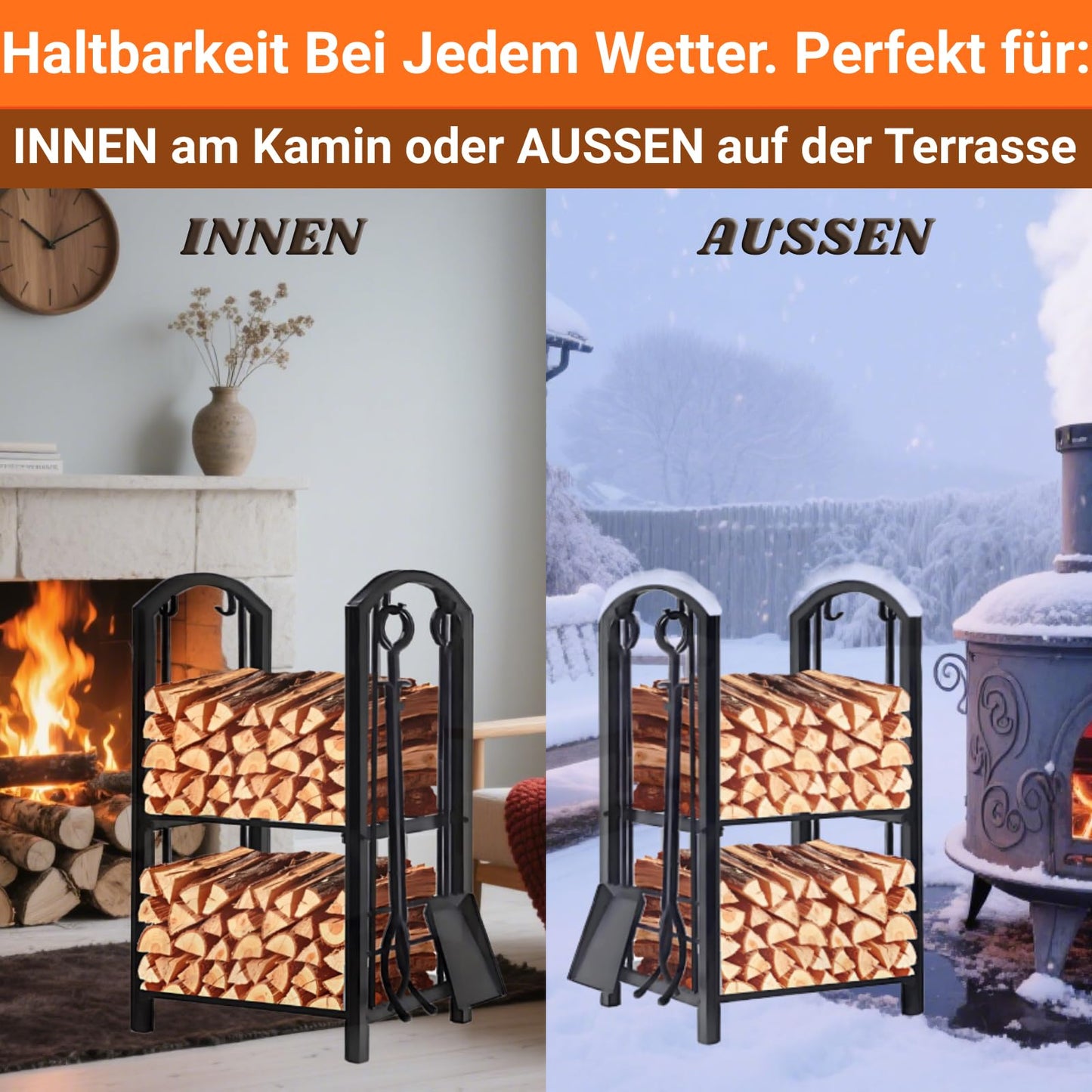 Amagabeli Indoor Firewood Rack with 4 Fireplace Tool Fireplace Stand Fireplace Accessories for Outdoor Firewood Holder Wood Rack for Fireplace Stove Tools Wrought Iron Black