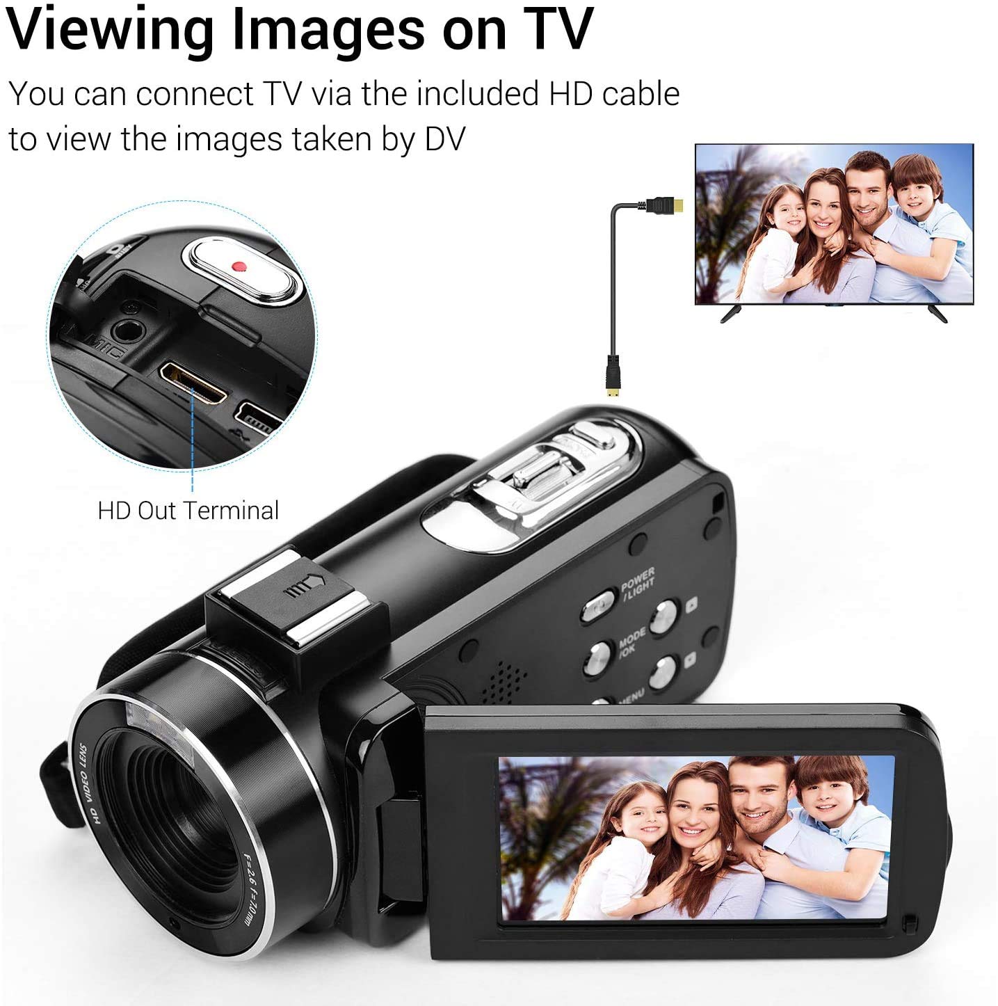 Andoer HD video camera, 4K video camera, Full HD, CMOS sensor, 18x digital zoom camera, 3.0 inch LCD, with 0.45x wide-angle lens and microphone.