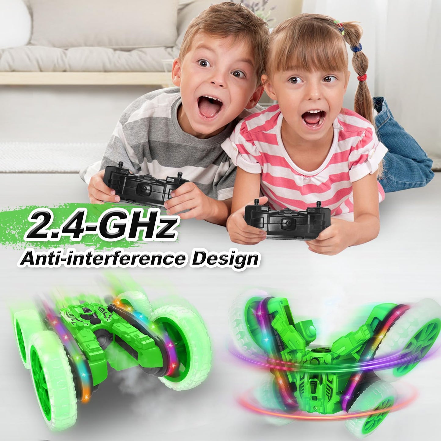 MidiVix Remote Control Car, 360° rotating 4WD RC Car with side lights and headlights, 2.4Ghz Double-sided RC Stunt Car with Spray, RC Drift Toy Car and Gifts for Kids (Green)