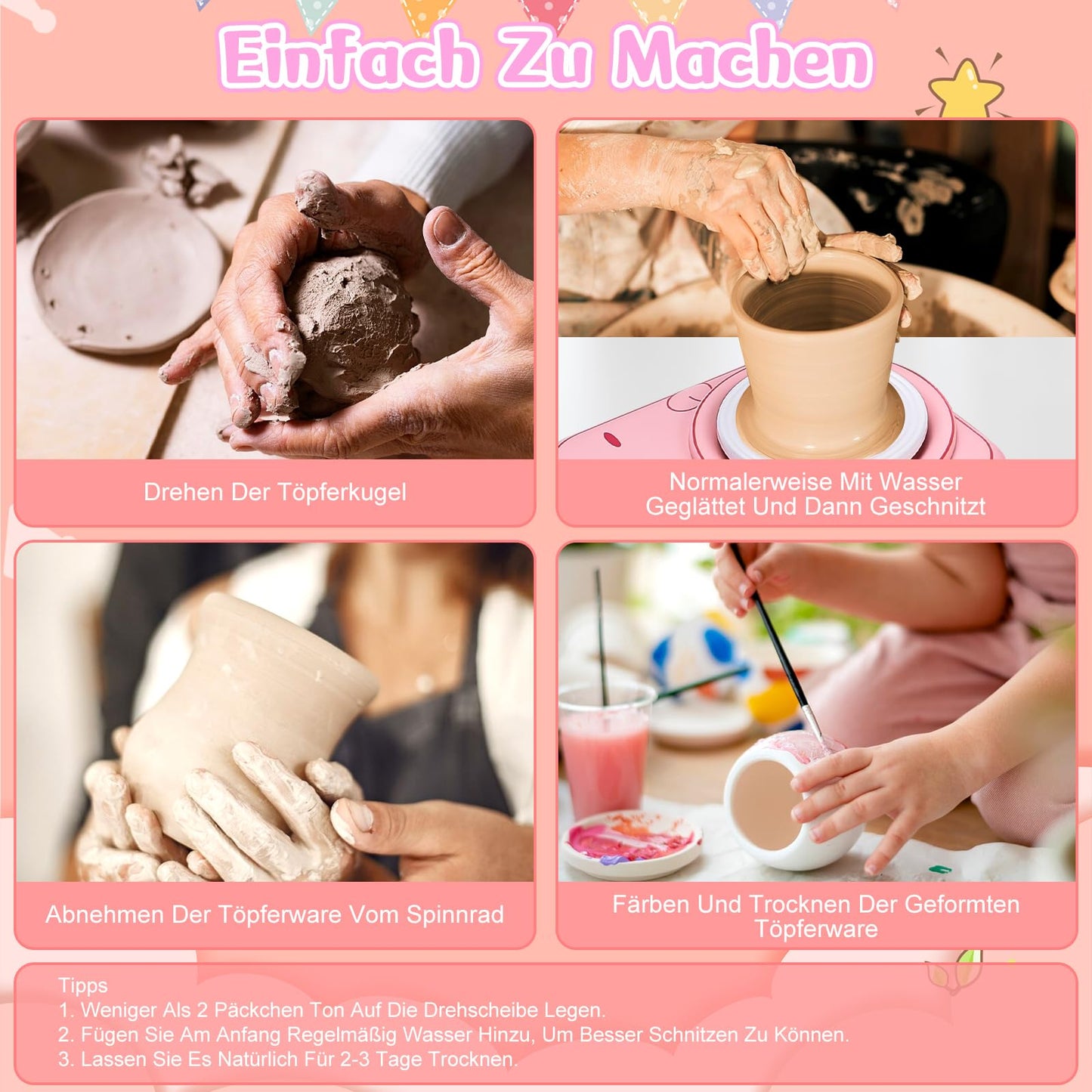 IEEILULU Pottery Set for Kids, Electric Pottery Wheel for Kids, Mini Pottery Wheel with Clay, Colors, Diamond Stickers, Pottery Set DIY Pottery Craft Kit Gifts Girls (Cats)