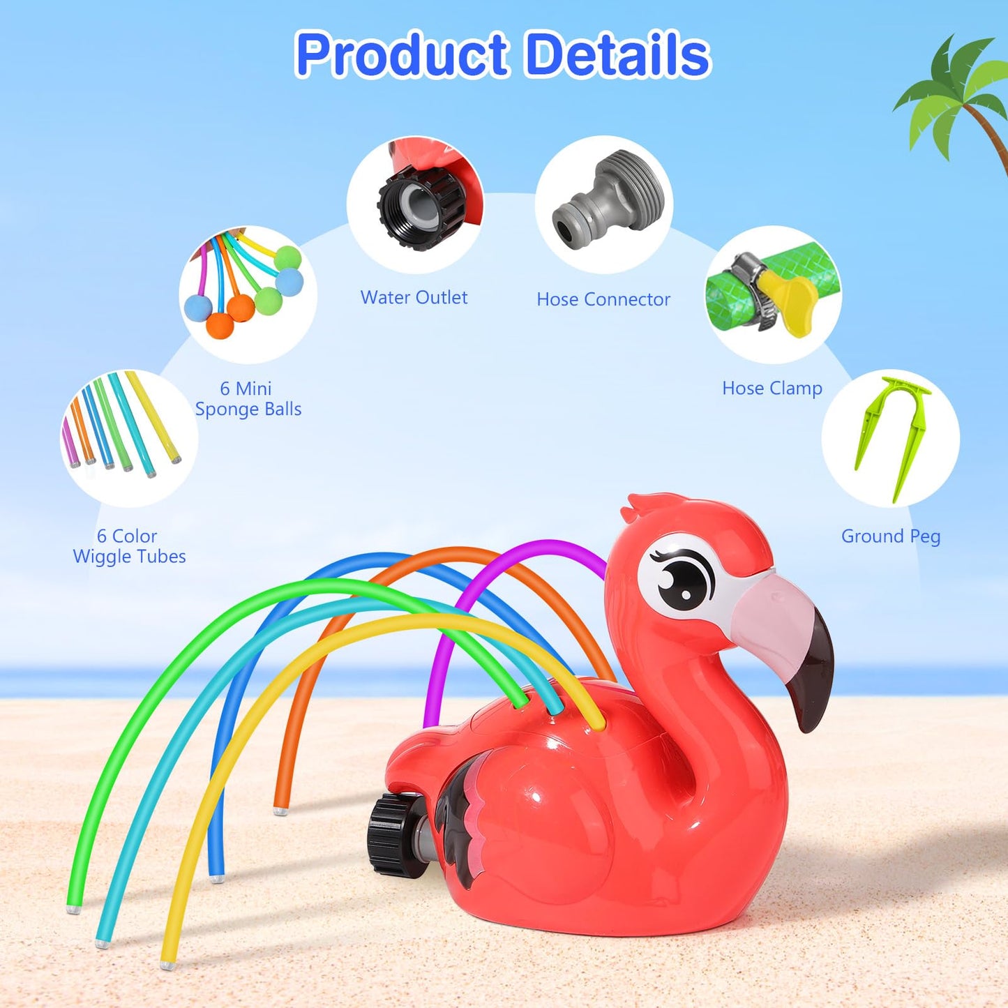 MoKo water sprinkler for kids, Flamingo outdoor water toy, pool toy with 6 hoses & 6 balls, summer fun water toy for garden, pool, pink flamingo.