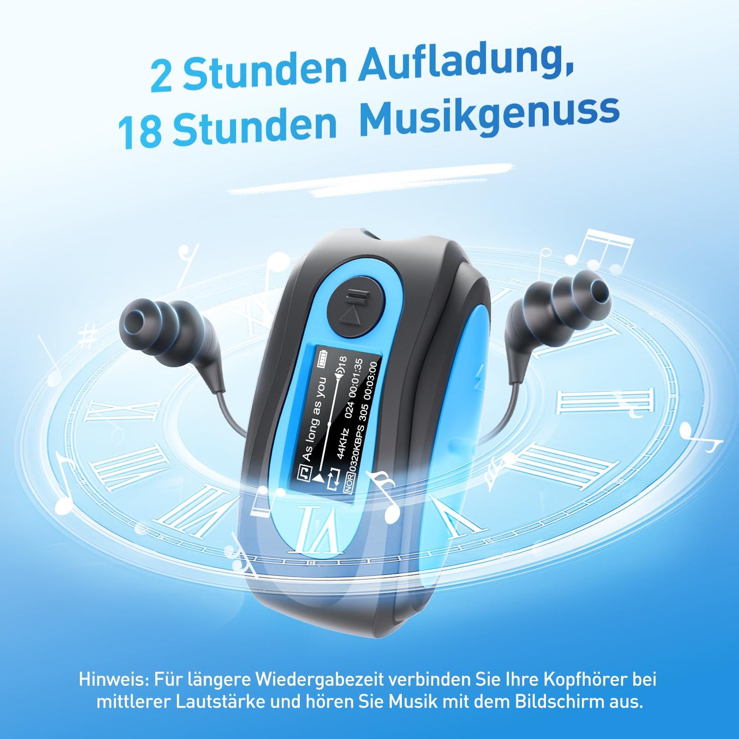 AGPTEK IPX8 Waterproof MP3 Player, 8GB HiFi MP3 Music Player for Swimming and Running, with waterproof headphones, audio cable, and 3 pairs of ear tips (L/M/S), supports FM, shuffle function, Blue.