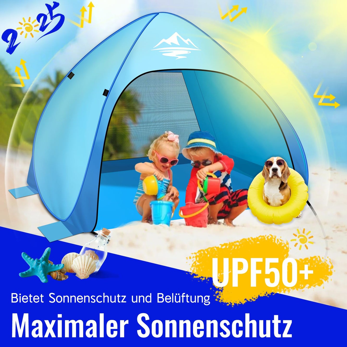 Purebox Beach Shelter Pop Up 3-4 Person Models, Pop Up Beach Shelter with UV Protection, UPF 50+ Beach Tent, Automatic Portable Beach Tent Pop Up Tent for Family Camping Garden Beach 240x200x135cm