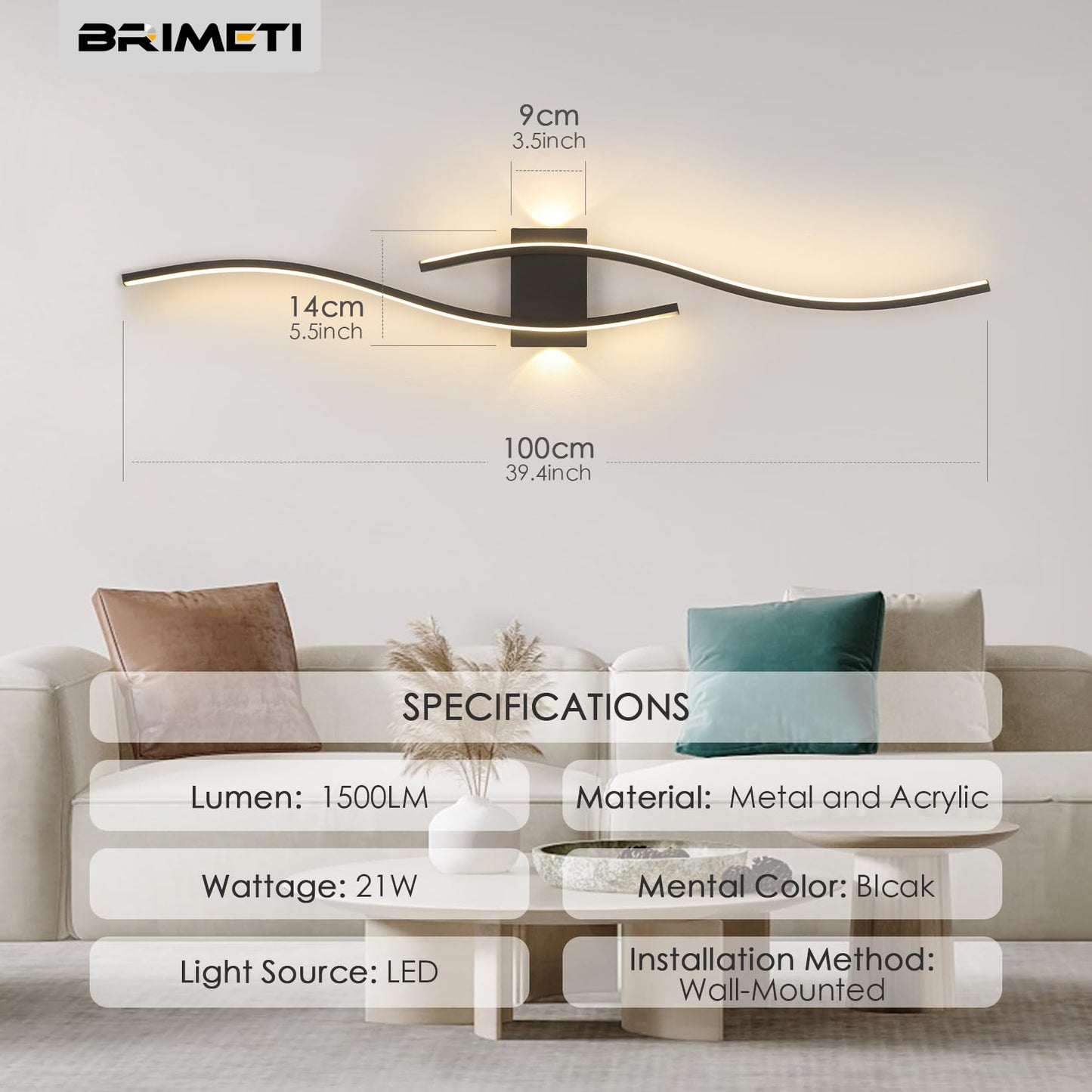 BRIMETI LED wall light Black 100CM Long Indoor Wall Lamp 21W Aluminum 230V Modern hallway light Three-color 3000K/4000K/6000K Wall lighting 1500lm, for living room bedroom hallway staircase kitchen
