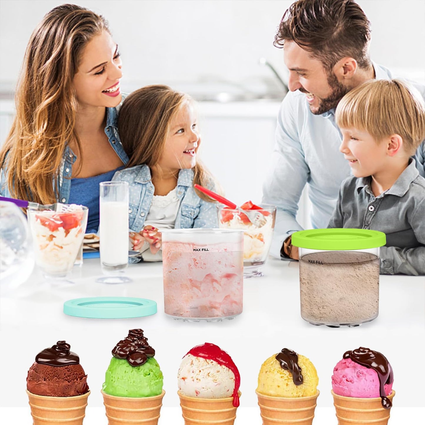 JUOENLP Replacement for Ninja Creami Pints and Lids 4Pack compatible with NC300, NC301 & NC299AMZ Series Deluxe Ice Cream Makers, Creami Pint containers with leak-proof lids, Dishwasher safe (NC300EU)
