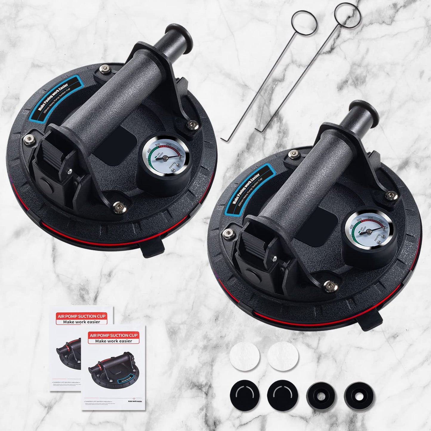 2 Pack 8" Glass Lifter Suction Cup with Manometer Vacuum Suction Cup, Strong Suction Pad - Suitable for heavy glass, tiles, iron plate, slate, suction cups for material transport industry (load about 150kg/330lbs)