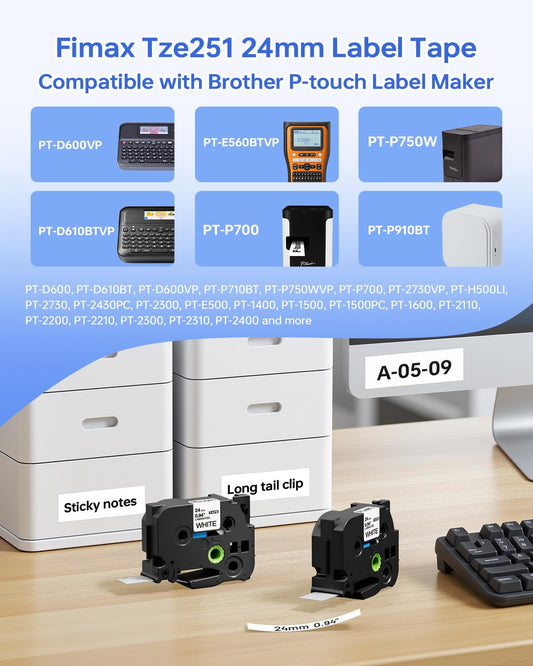 5x TZe-251 24mm 0.94 Compatible Label Tape TZ TZe251 as a replacement for Brother P-touch tapes 24mm White Laminated Label Tape for Brother P-touch E560btv E550W P700 P750 D600 2310 Labeling Device