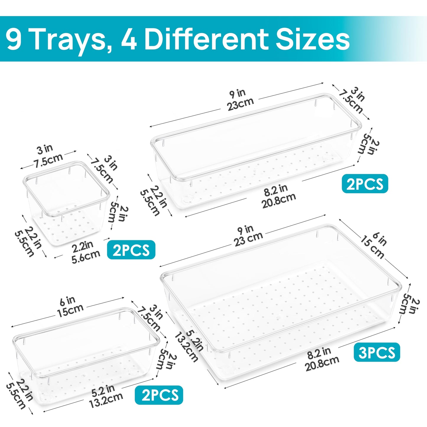 Vtopmart 9 Pieces Drawer Organizer with 4 Sizes, Vanity Organizer, Drawer Organizer, Organizer Trays for Kitchen, Jewelry, Bedroom, Office