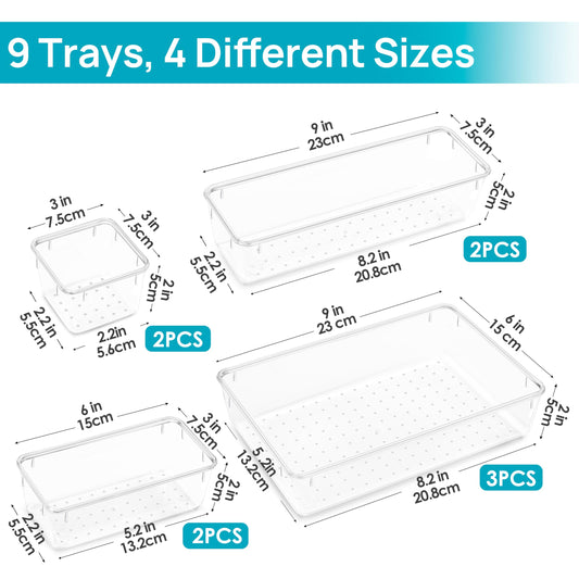 Vtopmart 9 Pieces Drawer Organizer with 4 Sizes, Vanity Organizer, Drawer Organizer, Organizer Trays for Kitchen, Jewelry, Bedroom, Office