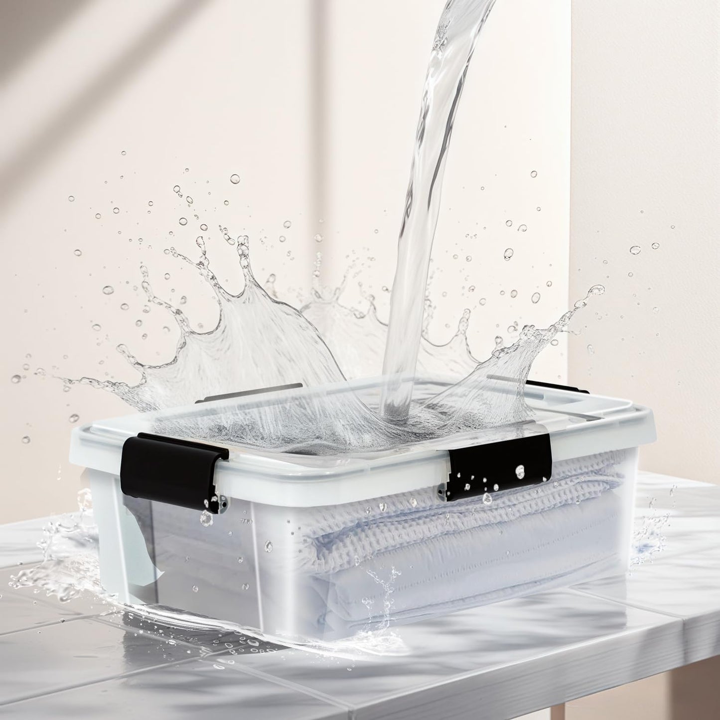 Iris Ohyama airtight plastic storage boxes with lid, 10L, set of 4, Transparent, Hermetic watertight seal, Robust snap locks, Stackable, Dust protection, BPA-free, AT-S