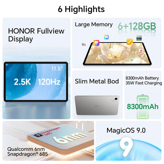 HONOR Pad X9a 6GB 128GB Tablet, 11.5-inch 120Hz 2.5K Fullview Display, Snapdragon 685, 8300mAh battery, Android 15, WiFi Version, Gray
