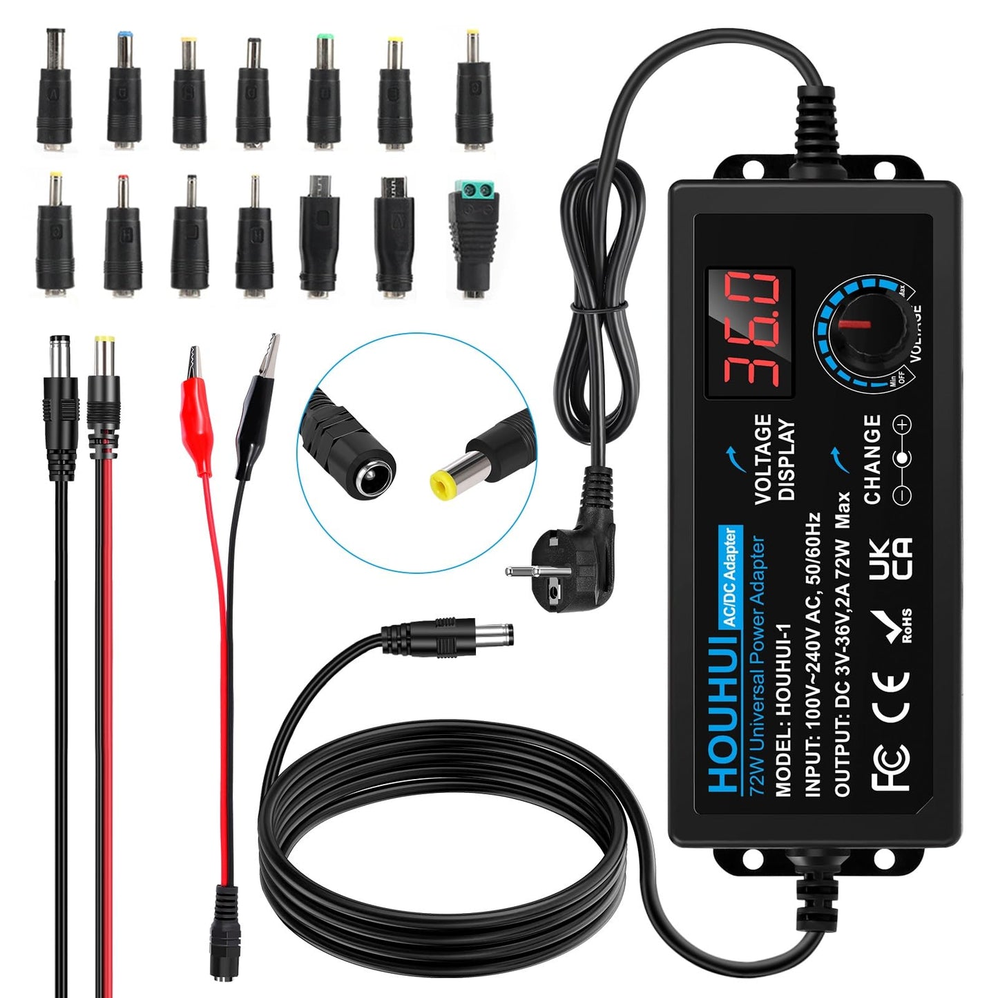 3V-36V Adjustable Power Supply Universal Power Adapter 2A 72W Adjustable Power Adapter 100V-240V AC to DC with LED Voltage Display and 5.5x2.5mm 16Tips for Household Electronics, DC Motor 2A Max