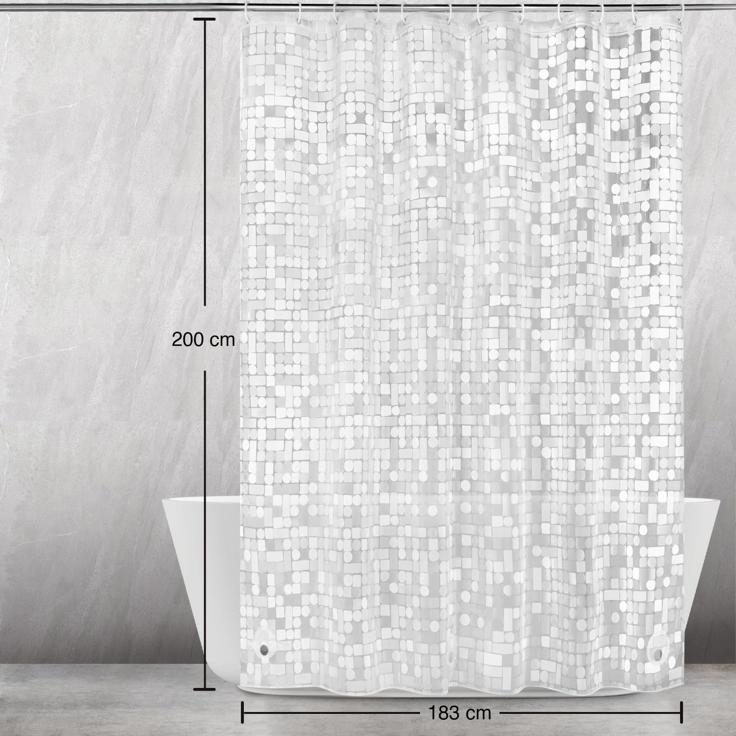 WELTRXE shower curtain with bottom weight magnets, transparent geometric design, made of waterproof and antibacterial Eva material. Size: 183*200cm, comes with 12 curtain rings. Ideal for shower and bathtub.